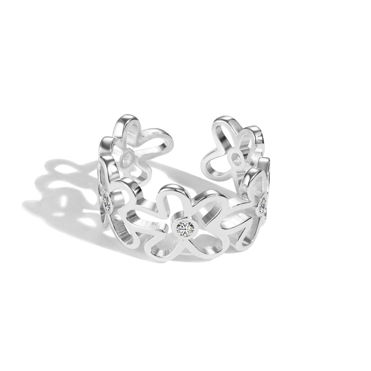 Front view of the Adjustable Silver Flower Ring featuring delicate flower design crafted from 925 silver and adorned with 5A cubic zirconia.