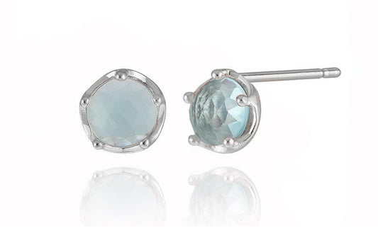 Petite 925 silver stud earrings with beautiful aqua-blue crystals, perfect for a chic, colorful accessory.