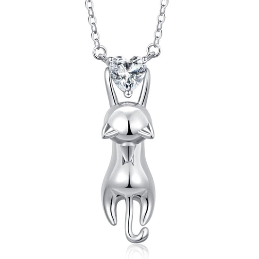 Adorable cat pendant necklace with a cute kitty cat hanging playfully, crafted from high-quality 925 silver, adorned with a sparkling heart-shaped 5A zircon, and rhodium plated for lasting shine.