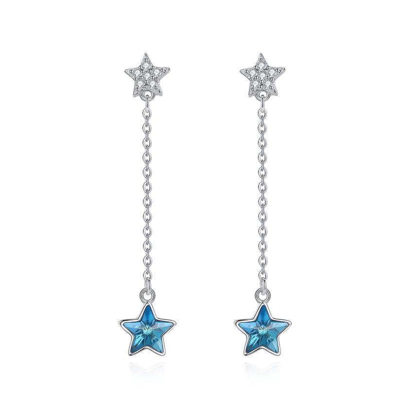 Close-up of the exquisite details on Crystal Star Dangle Earrings, showcasing the 0.4cm star and blue star accents.