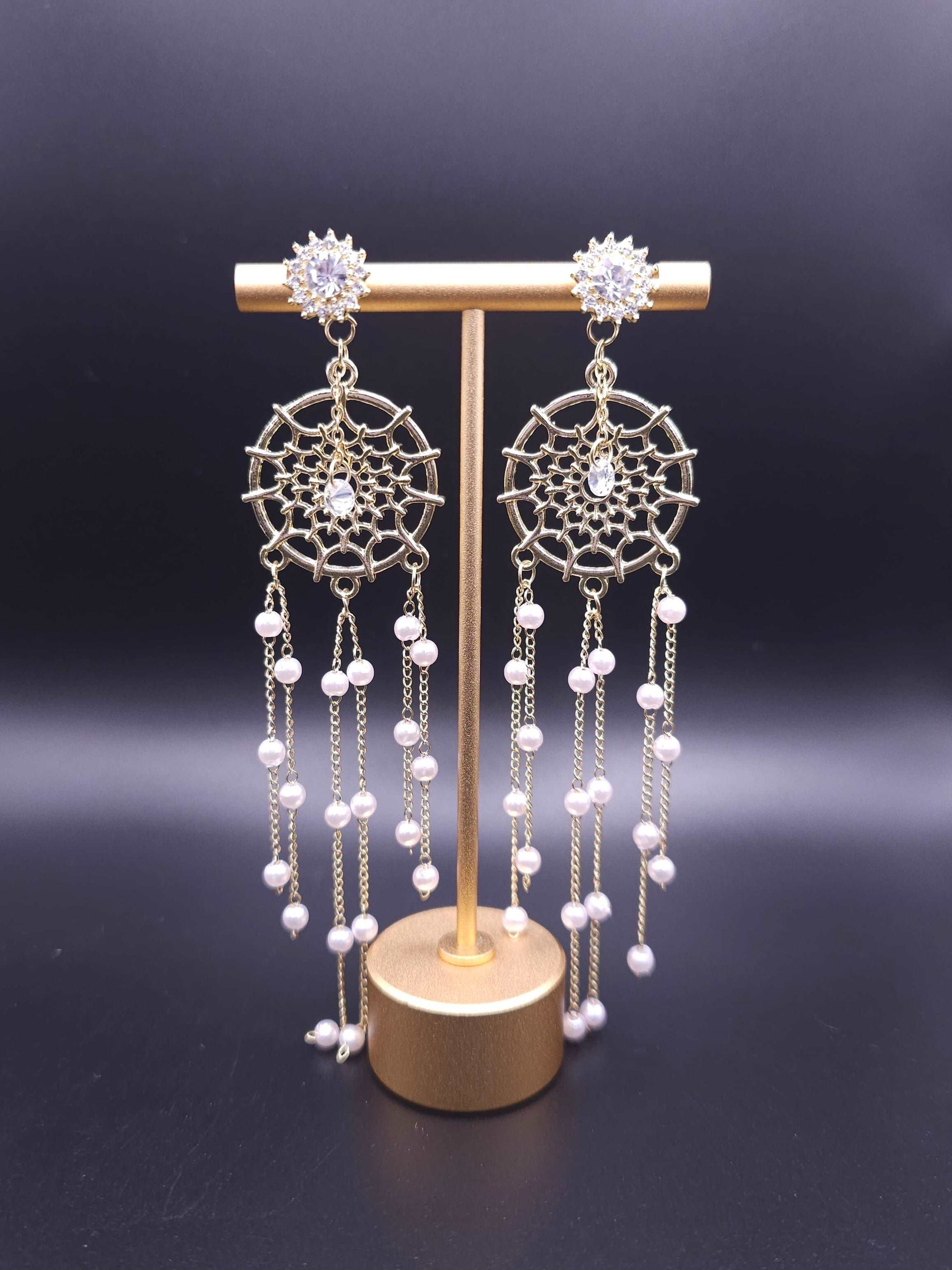 Detailed view of Dreamcatcher Chandelier Earrings with a stylish design, featuring fashion elements and sterling silver posts.