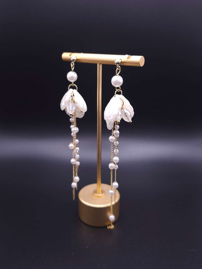 Front view of exquisite Flowering Earrings showcasing the delicate floral design with pearls and high-quality 925 silver posts.