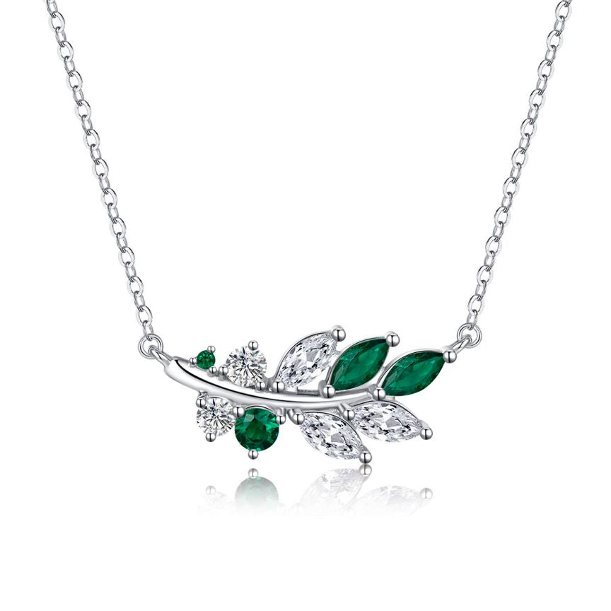 Elegant bay leaves motif crystal pendant necklace crafted from high-quality 925 silver, adorned with sparkling cubic zirconia and beautiful crystals, finished with luxurious rhodium plating.