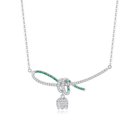 Exquisite Lily of the Valley pendant necklace crafted from high-quality 925 silver, adorned with sparkling 5A cubic zirconia and finished with a luxurious rhodium plating for added shine.