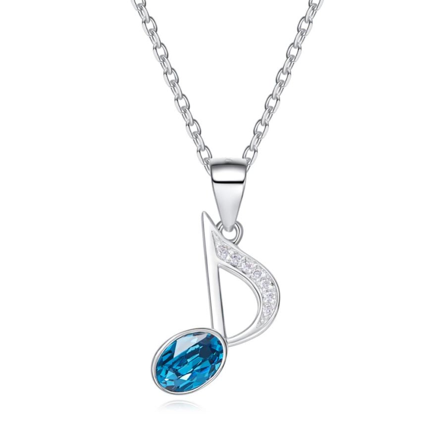 Stylish music note pendant necklace featuring an 8th-note-shaped pendant adorned with sparkling blue crystal, crafted from high-quality 925 silver and rhodium plated for lasting shine.