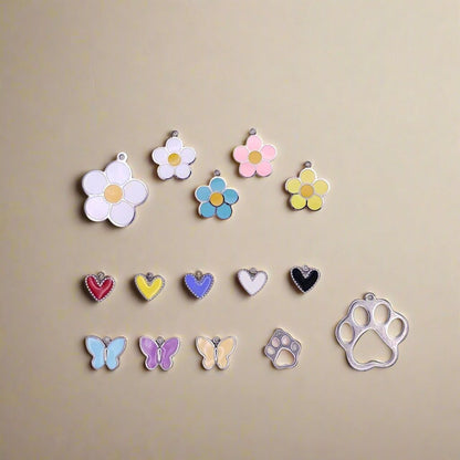 Variety of Surgical Steel Charms for Pet Necklace in Flower, Heart, Paw, and Butterfly Shapes